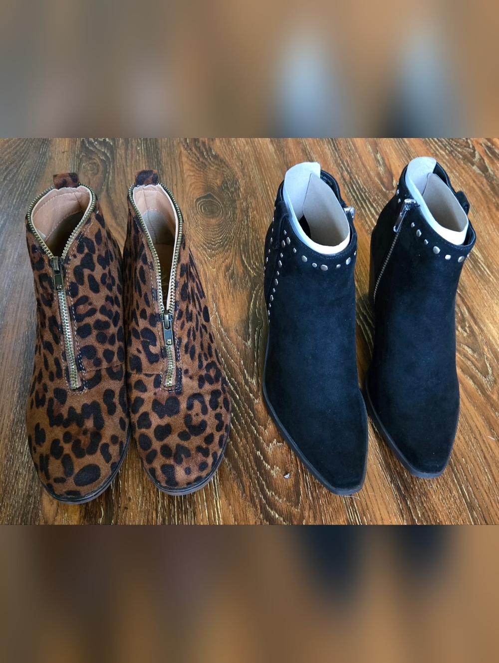 Leopard Print and Black Suede Women's Ankle Boots - Zip Front